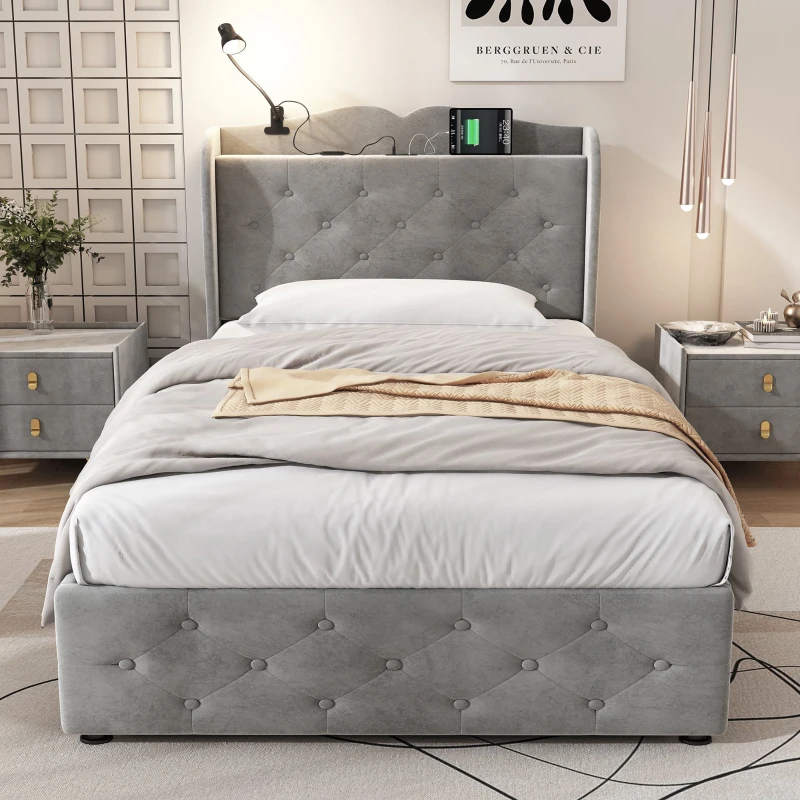 3FT Single Velvet Upholstered Storage Bed with 4 Drawers, Table Lamp and 4 USB Ports, Durable and Sturdy, 206.5L x 96.5W x 109H cm, Gray