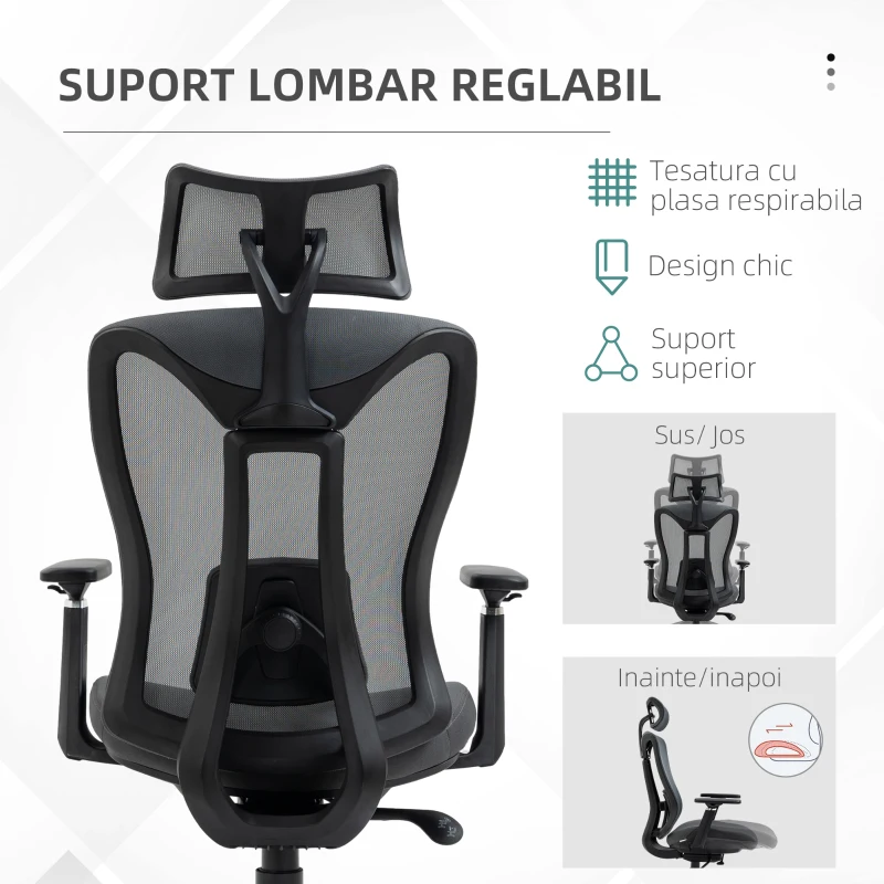 Vinsetto Scaun de Birou Reclinabil cu Tetieră, Suport Lombar și Înălțime Reglabilă, Gri