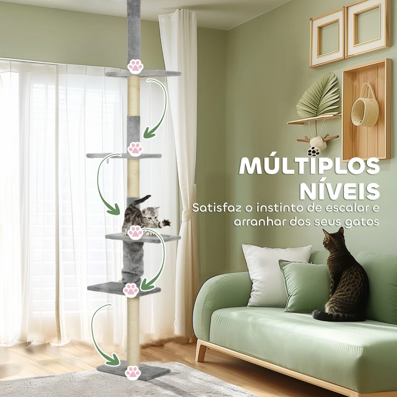 PawHut Arranhador para Gatos do Chão ao Teto 225-275 cm Torre para Gatos com Múltiplas Plataformas Sistema Anti-Tombo Cinza