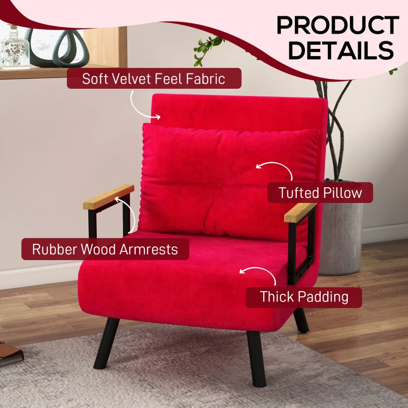 HOMCOM Canapea Extensibilă cu Spătar Reglabil pe 5 Nivele, Canapea Pat Individuală Pliabilă cu Perne, 63x73x81 cm, Roșu(m-6)