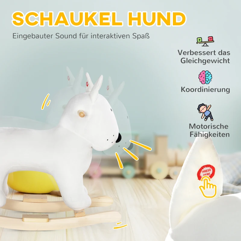 AIYAPLAY Huśtawkowy konik w kształcie psa z funkcją dźwiękową, drewniana i metalowa, z pokryciem pluszowym, dla dzieci 2-4 lata, Biały