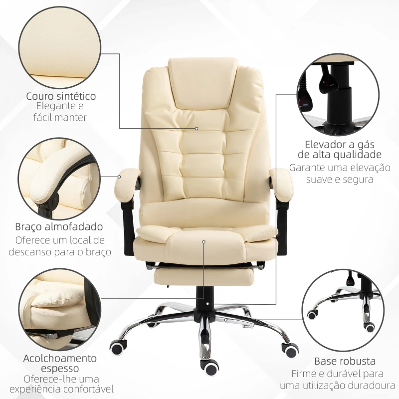 HOMCOM Cadeira de Escritório Reclinável Cadeira Executiva Giratória com Altura Ajustável Estofada em PU 64,5x69x109-117 cm Creme