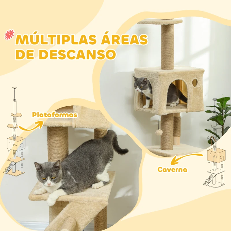 PawHut Arranhador para Gatos do Chão ao Teto de 225-265 cm  com Altura Ajustável Múltiplas Plataformas Escada Bola Suspensa Bege