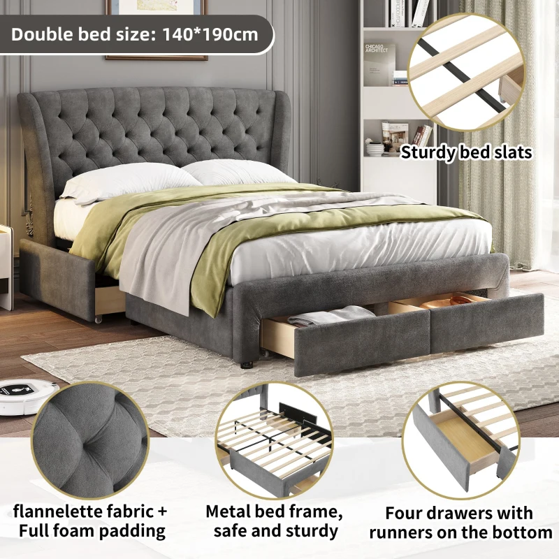 Upholstered Storage Bed with 4 Drawers, Soft Backrest, Metal Frame, 204L x 156W x 106H cm, Grey