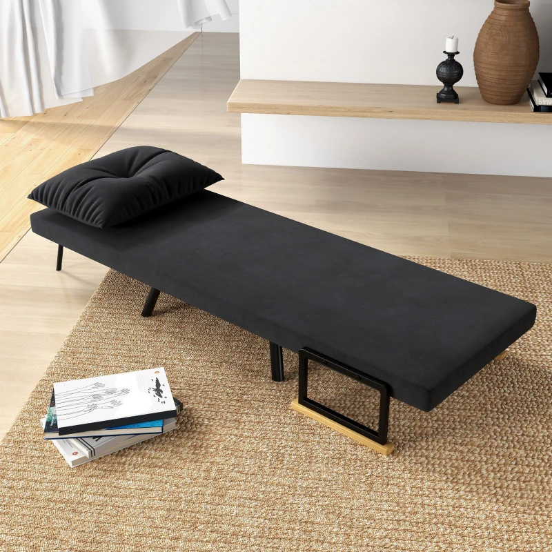 HOMCOM Canapea Extensibilă cu Spătar Reglabil pe 5 Nivele, Canapea Pat Individuală Pliabilă cu Perne, 63x73x81 cm, Negru(m-8)