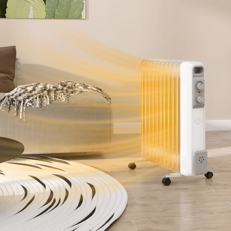 HOMCOM Aquecedor a Óleo Silencioso 2500W com Temperatura Ajustável 3 Ajustes de Aquecimento para 25 m² 29x49x62 cm Branco