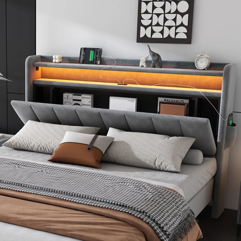 Velvet Upholstered Double Bed with Storage, LED Light Strip, 4 USB Ports, Velvet, 204L x 140W x 107H cm, Grey