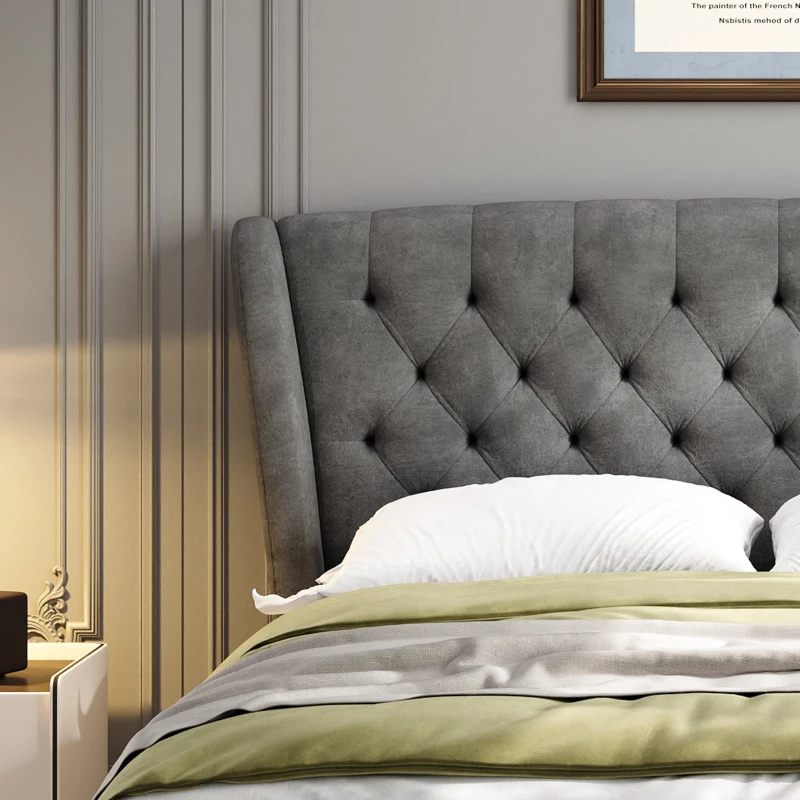 Upholstered Storage Bed with 4 Drawers, Soft Backrest, Metal Frame, 204L x 156W x 106H cm, Grey