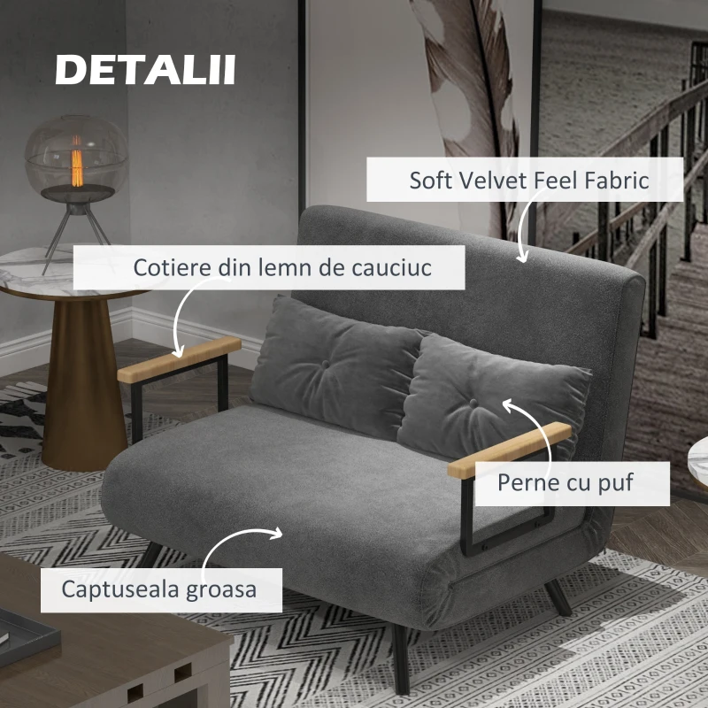 HOMCOM Canapea Pat de 2 Locuri cu Spătar Reglabil pe 5 Nivele și 2 Perne din Material Capitonat, 102x73x81 cm, Gri Închis(m-6)