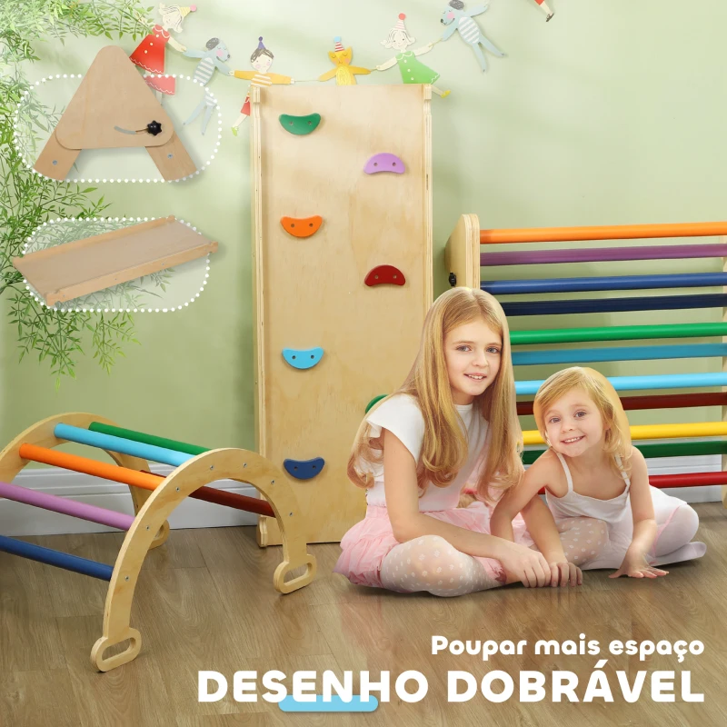 AIYAPLAY Triângulo de Escalada de Madeira 5 em 1 Escada para Crianças de 18-48 Meses com Rampa e Arco de Escalada 178x64,5x63 cm Multicor