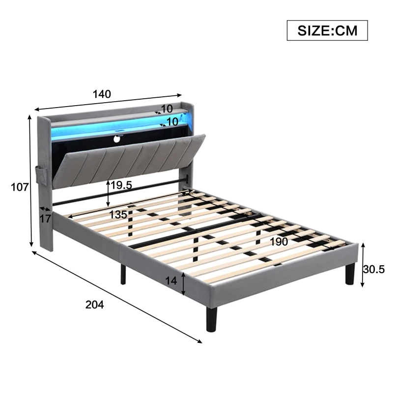 Velvet Upholstered Double Bed with Storage, LED Light Strip, 4 USB Ports, Velvet, 204L x 140W x 107H cm, Grey