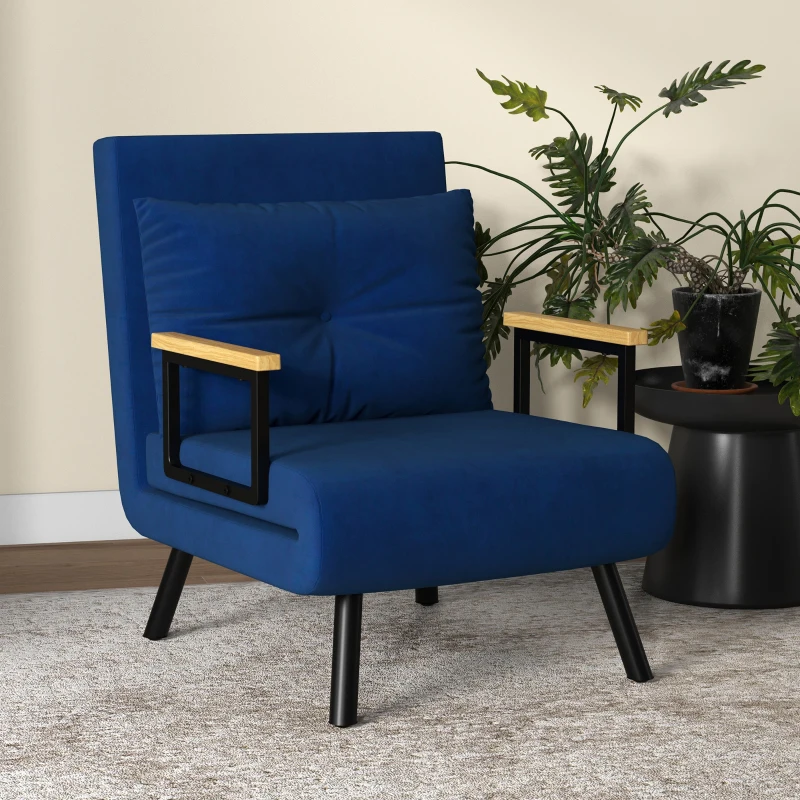 HOMCOM Canapea Extensibilă cu Spătar Reglabil pe 5 Nivele, Canapea Pat Individuală Pliabilă cu Perne, 63x73x81 cm, Albastru(m-7)
