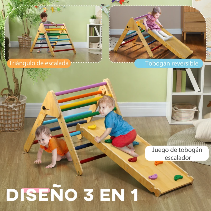 AIYAPLAY Triángulo de Escalada de Madera 3 en 1 con Rampa para Deslizarse o Escalar 147x64,5x63 cm Multicolor(m-4)