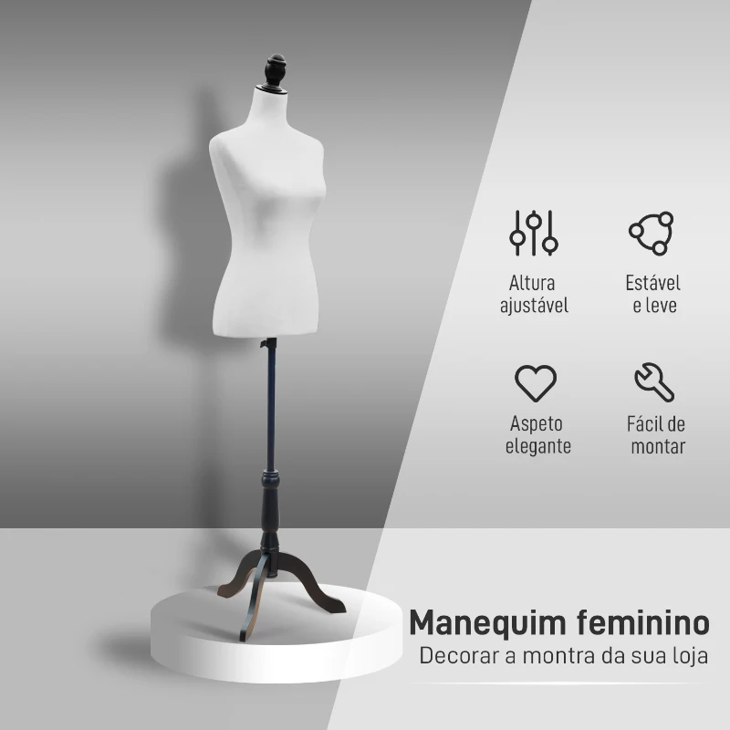 HOMCOM Manequim de Costura Feminino Manequim de Costura Ajustável a 130-168 cm com Tripé de Madeira Branco