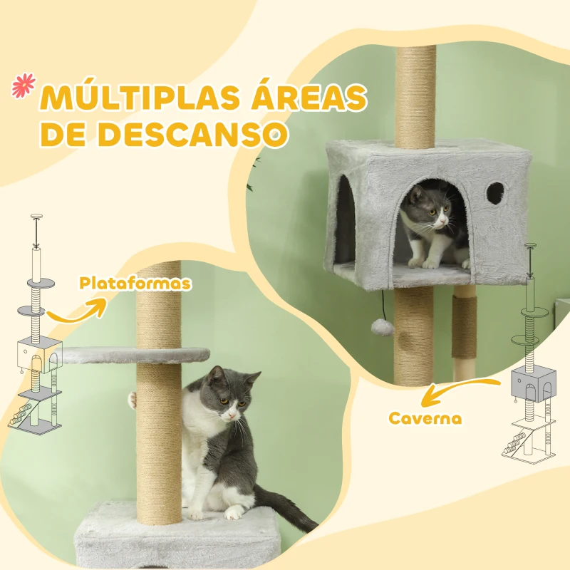 PawHut Arranhador para Gatos do Chão ao Teto de 225-265 cm  com Altura Ajustável Múltiplas Plataformas Escada Bola Suspensa Cinza Claro