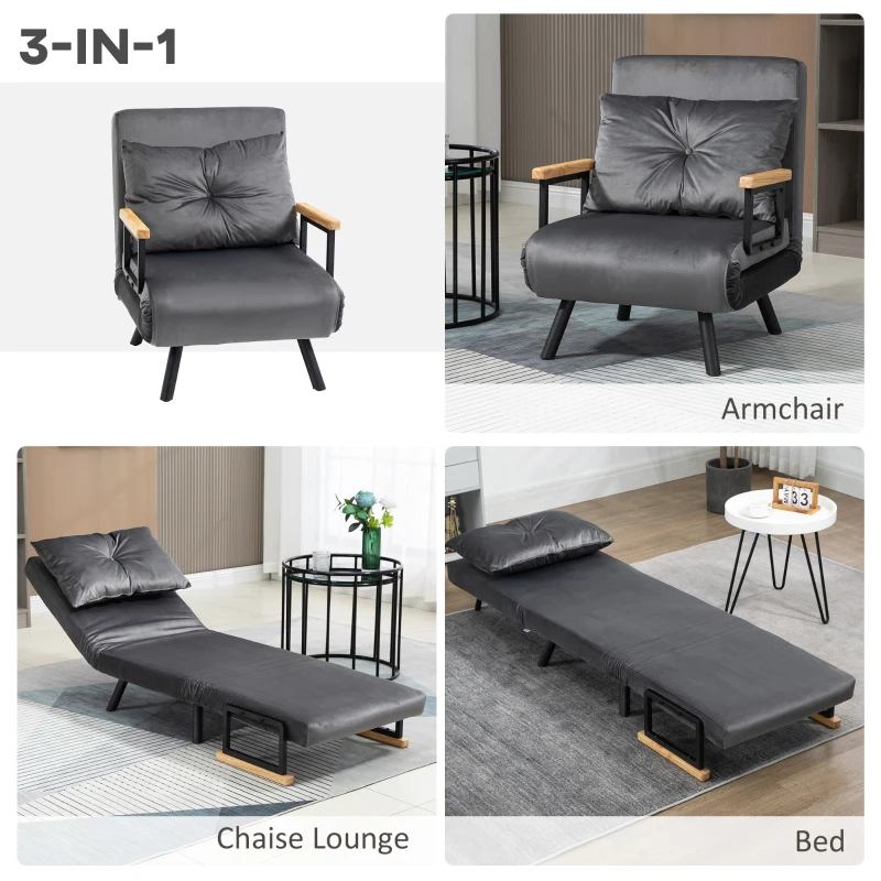 HOMCOM Canapea Extensibilă cu Spătar Reglabil pe 5 Nivele, Canapea Pat Individuală Pliabilă cu Perne, 63x73x81 cm, Gri(m-4)