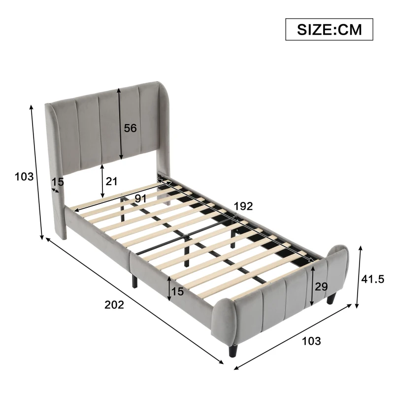 3FT Upholstered Bed with Soft Backrest and Vertical Stripe Design, Metal Underbed Bracket, 202L x 103W x 103H cm, Gray