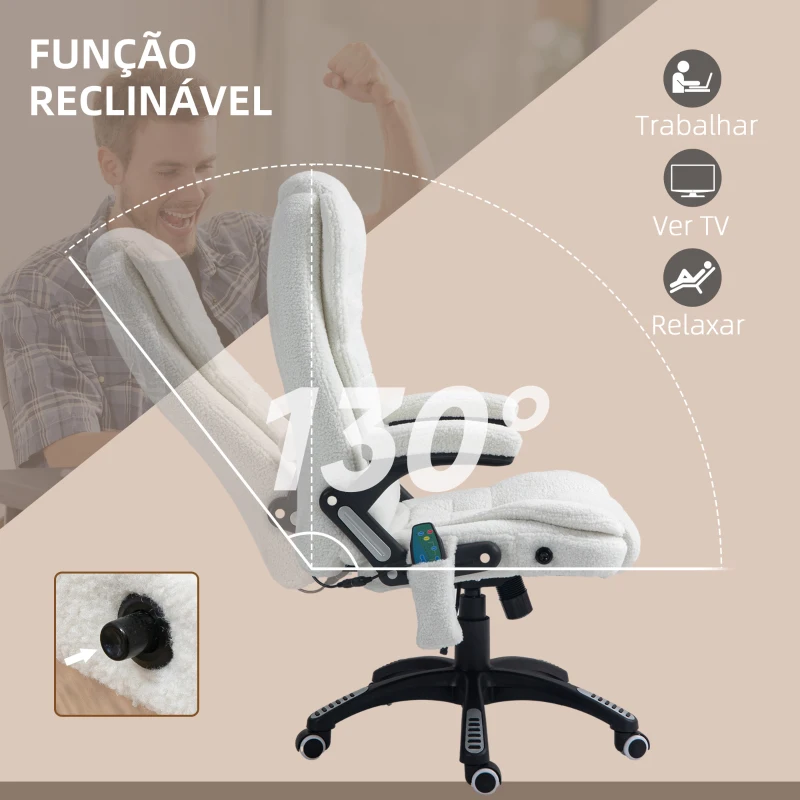 Vinsetto Cadeira de Massagem com 6 Pontos Reclinável até 130° com Função de Aquecimento Tecido em Borrego 67x74x107-116 cm Branco