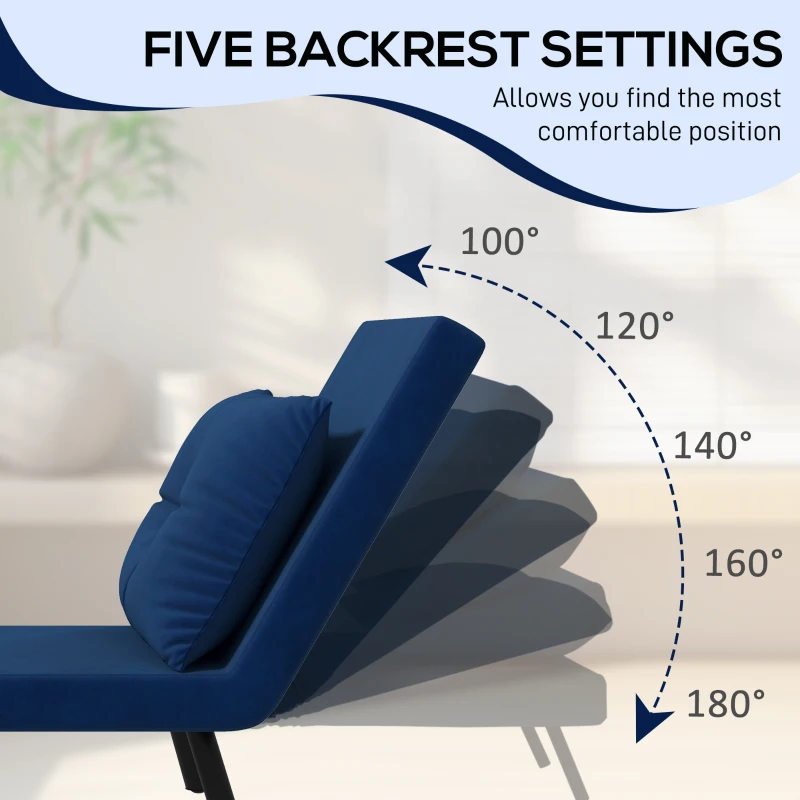 HOMCOM Canapea Extensibilă cu Spătar Reglabil pe 5 Nivele, Canapea Pat Individuală Pliabilă cu Perne, 63x73x81 cm, Albastru(m-5)