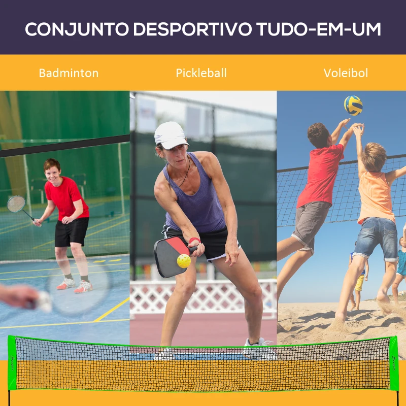 SPORTNOW Kit de Badminton de 7 Peças Jogo de Badminton com 2 Raquetes 3 Badminton 2 Raquetes de Pickleball 2 Bolas de Pickleball Bola de Voleibol e Rede com Suporte Preto e Verde