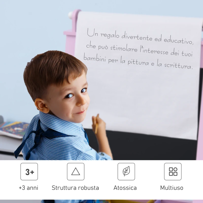 HOMCOM Lavagnetta per Bambini in Legno Rosa con Cavalletto 3 in 1: Lavagna Bianca, Nera e con Rullo Fogli di Carta