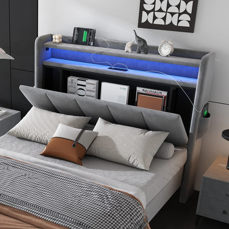 Upholstered Bed with LED Light Strip, 4 USB Ports, Lower Flap Door Storage, 204L x 96W x 107H cm, Grey