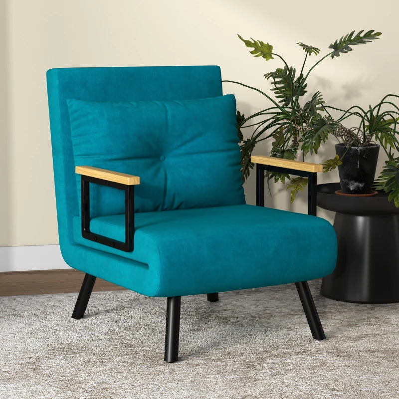 HOMCOM Canapea Extensibilă cu Spătar Reglabil pe 5 Nivele, Canapea Pat Individuală Pliabilă cu Perne, 63x73x81 cm, Albastru(m-7)