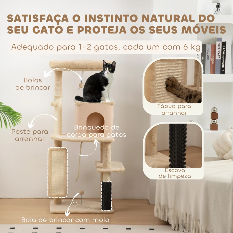 PawHut Arranhador para Gatos Grande Altura 132 cm com Plataformas Postes com Escova Bolas Suspensas e Almofadas para Arranhar Bege