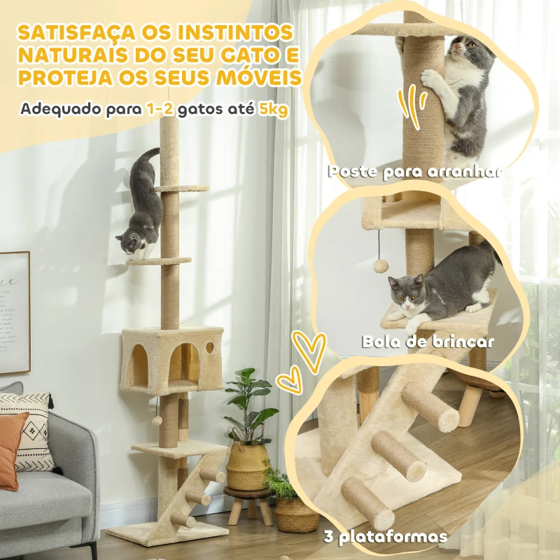 PawHut Arranhador para Gatos do Chão ao Teto de 225-265 cm  com Altura Ajustável Múltiplas Plataformas Escada Bola Suspensa Bege