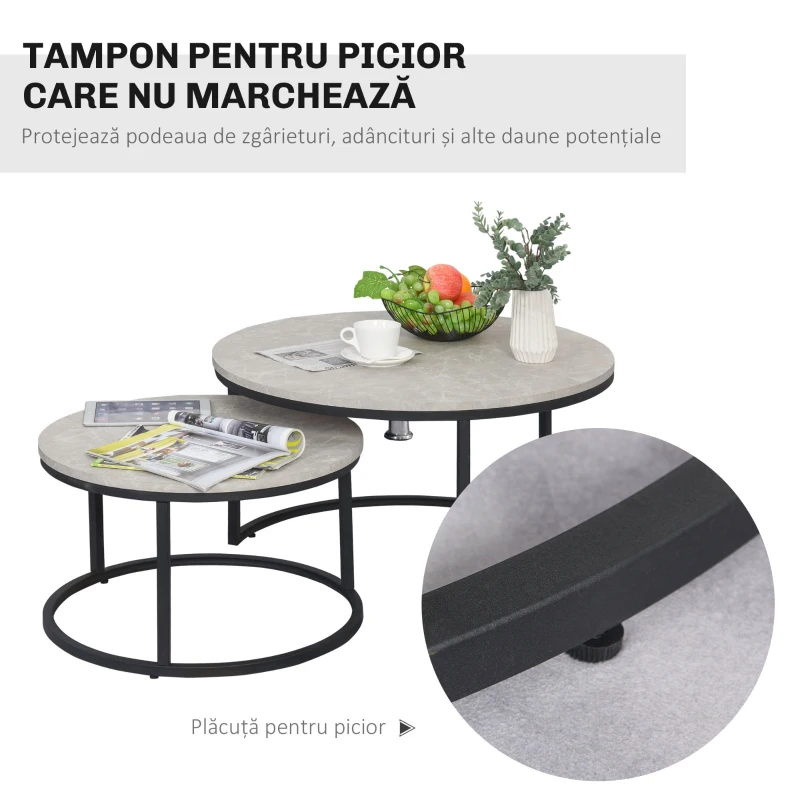 Homcom Set 2 Masute Rotunde pentru Cafea Metal + Marmura Gri/Negru