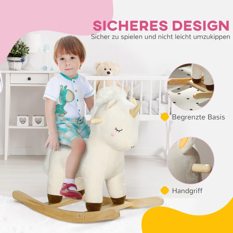 AIYAPLAY Schommelpaard in Eenhoornontwerp, met Geluidseffecten, Zachte Zitplaats, voor Kinderen van 2-4 Jaar, Wit