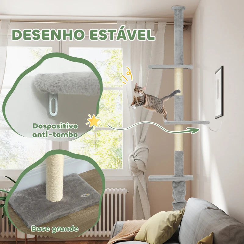 PawHut Arranhador para Gatos do Chão ao Teto 225-275 cm Torre para Gatos com Múltiplas Plataformas Sistema Anti-Tombo Cinza