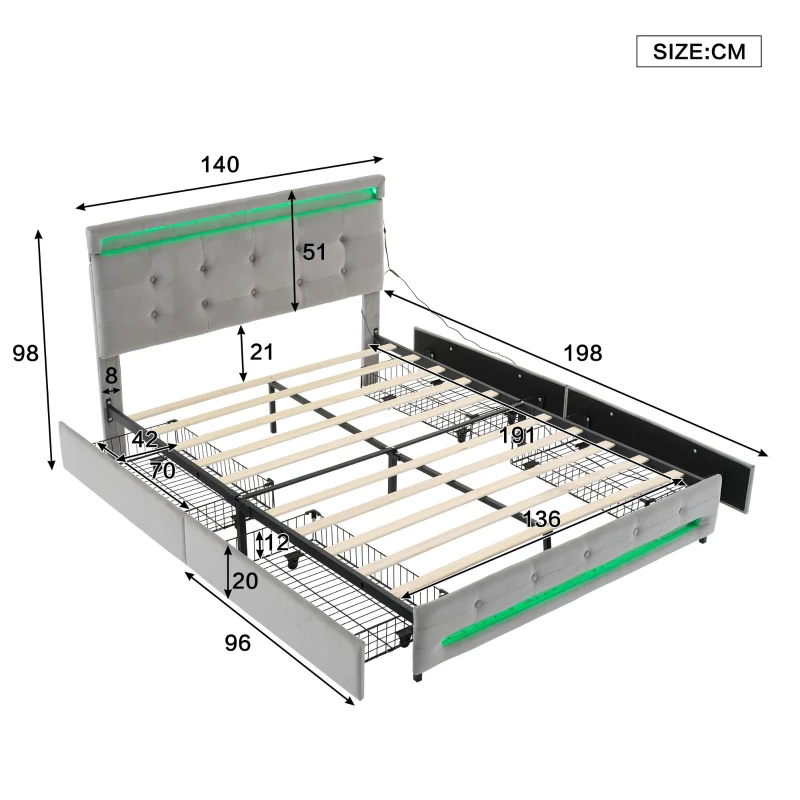 Velvet Upholstered Double Bed with Storage, Soft Backrest, 4 Drawers, LED Light Strips, 198L x 140W x 98H cm, Gray