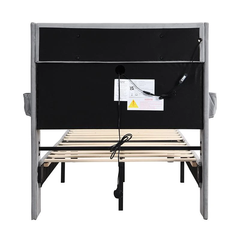 Upholstered Bed with LED Light Strip, 4 USB Ports, Lower Flap Door Storage, 204L x 96W x 107H cm, Grey