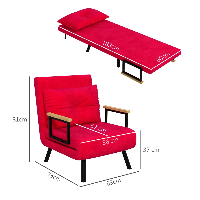 HOMCOM Canapea Extensibilă cu Spătar Reglabil pe 5 Nivele, Canapea Pat Individuală Pliabilă cu Perne, 63x73x81 cm, Roșu(m-3)