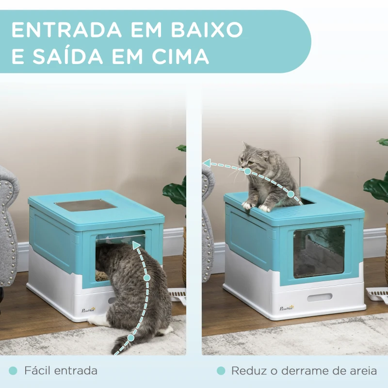 PawHut Caixa de Areia para Gatos Dobrável Caixa de Areia para Gatos Fechada com Bandeja Removível e Pá 47,5x35,5x36,7cm Azul