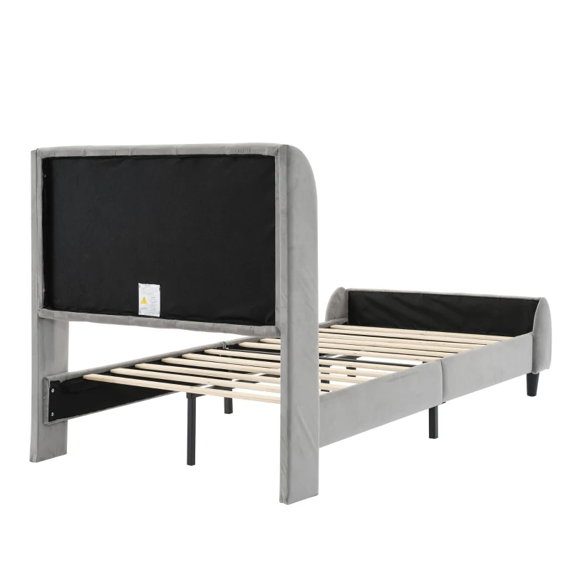 3FT Upholstered Bed with Soft Backrest and Vertical Stripe Design, Metal Underbed Bracket, 202L x 103W x 103H cm, Gray
