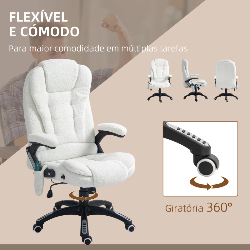 Vinsetto Cadeira de Massagem com 6 Pontos Reclinável até 130° com Função de Aquecimento Tecido em Borrego 67x74x107-116 cm Branco
