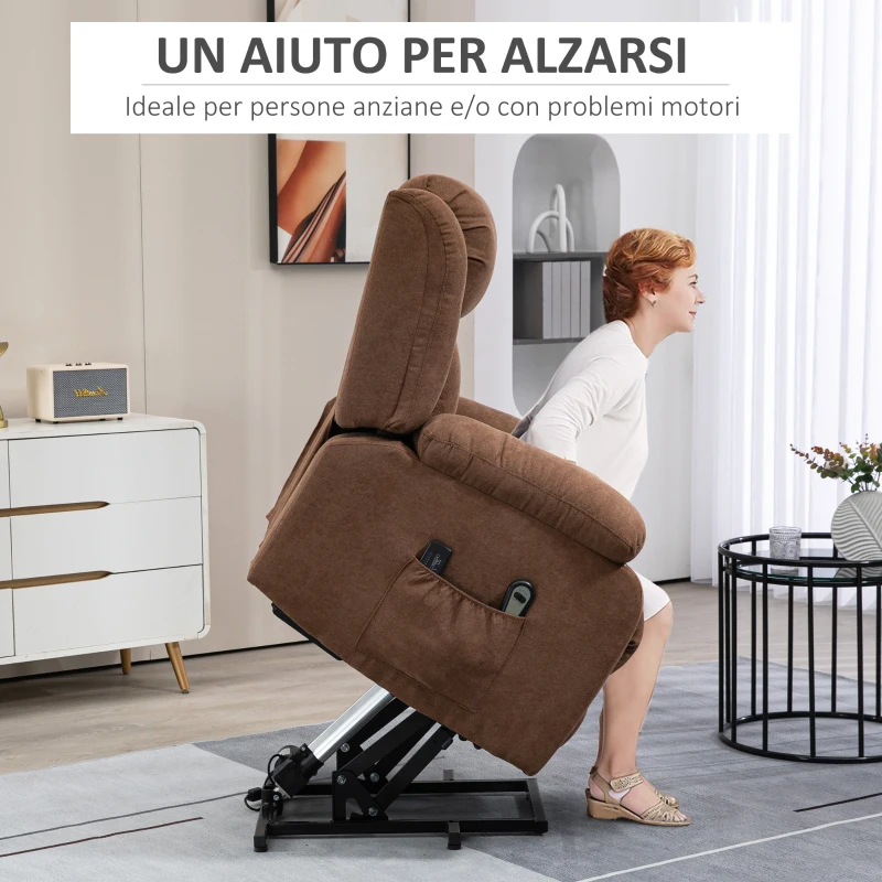 HOMCOM Poltrona Elettrica Alzapersona Massaggiante Reclinabile con Telecomando, in Tessuto, 91x93x103cm, Marrone
