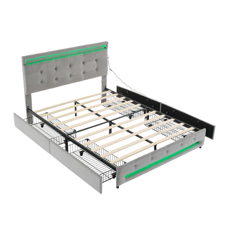 Velvet Upholstered Double Bed with Storage, Soft Backrest, 4 Drawers, LED Light Strips, 198L x 140W x 98H cm, Gray