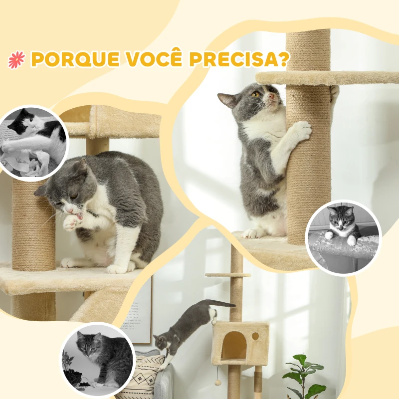 PawHut Arranhador para Gatos do Chão ao Teto de 225-265 cm  com Altura Ajustável Múltiplas Plataformas Escada Bola Suspensa Bege