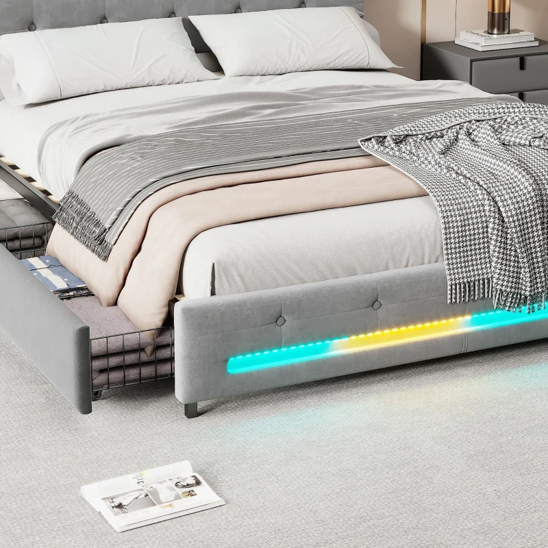 Velvet Upholstered Double Bed with Storage, Soft Backrest, 4 Drawers, LED Light Strips, 198L x 140W x 98H cm, Gray