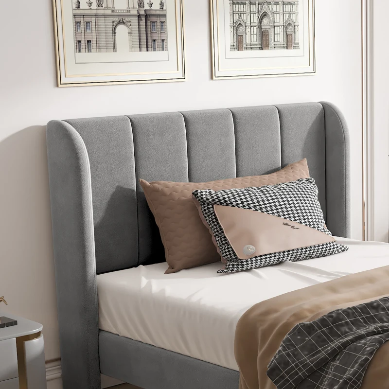 3FT Upholstered Bed with Soft Backrest and Vertical Stripe Design, Metal Underbed Bracket, 202L x 103W x 103H cm, Gray