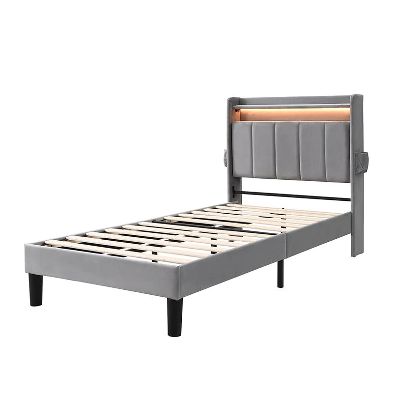 Upholstered Bed with LED Light Strip, 4 USB Ports, Lower Flap Door Storage, 204L x 96W x 107H cm, Grey