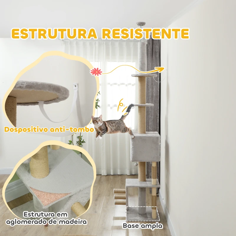 PawHut Arranhador para Gatos do Chão ao Teto de 225-265 cm  com Altura Ajustável Múltiplas Plataformas Escada Bola Suspensa Cinza Claro