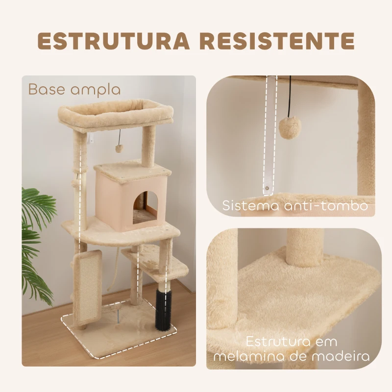 PawHut Arranhador para Gatos Grande Altura 132 cm com Plataformas Postes com Escova Bolas Suspensas e Almofadas para Arranhar Bege