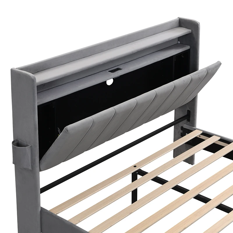 Velvet Upholstered Double Bed with Storage, LED Light Strip, 4 USB Ports, Velvet, 204L x 140W x 107H cm, Grey