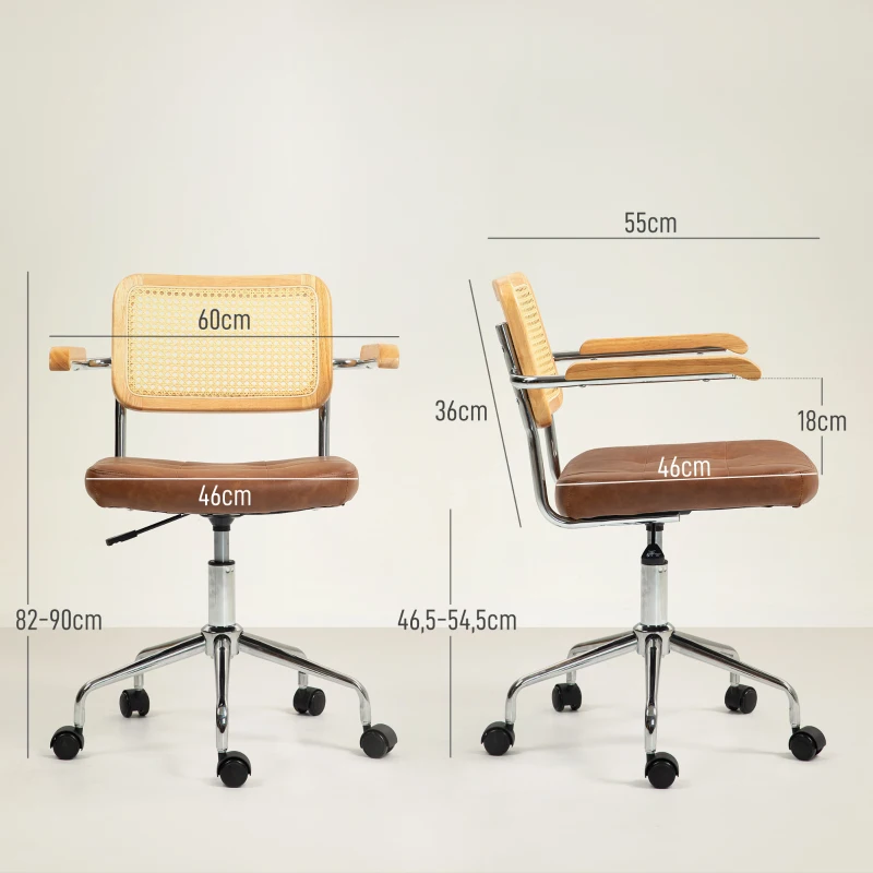 HOMCOM Cadeira de Escritório Giratória com Altura Ajustável Função Basculante e Encosto de Vime Sintético 60x55,5x82-90 cm Marrom