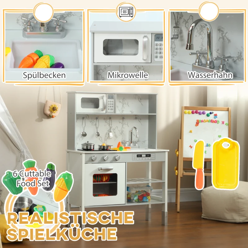 AIYAPLAY Speelkeuken met Kookplaat, Magnetron, Uitgebreide Accessoires, Hoogteverstelbaar, 70,1 x 28 x 90,2/96,1 cm, Wit