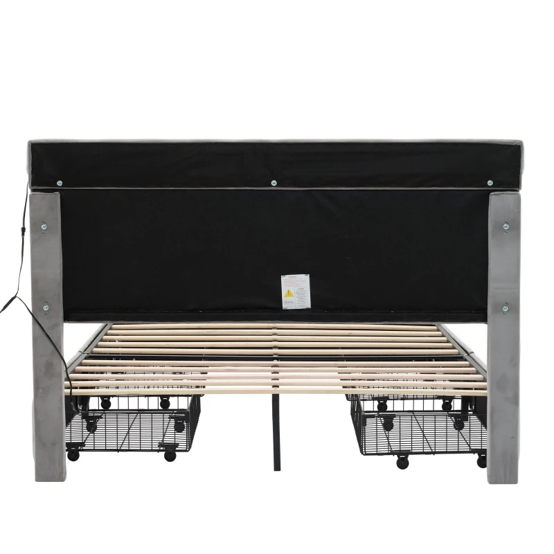 Velvet Upholstered Double Bed with Storage, Soft Backrest, 4 Drawers, LED Light Strips, 198L x 140W x 98H cm, Gray